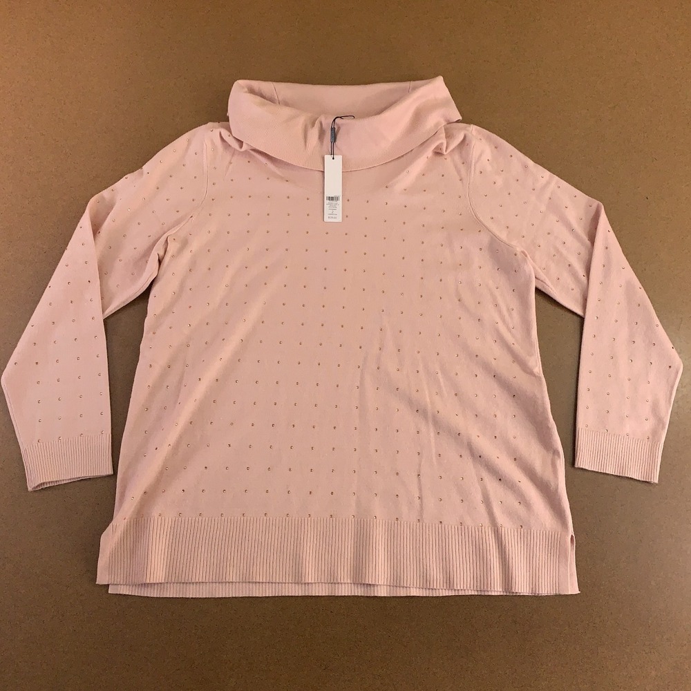 Chico's Zenergy Womens Large Rose Pink Cowl Neck Rhinestone Accent Sweater NWT